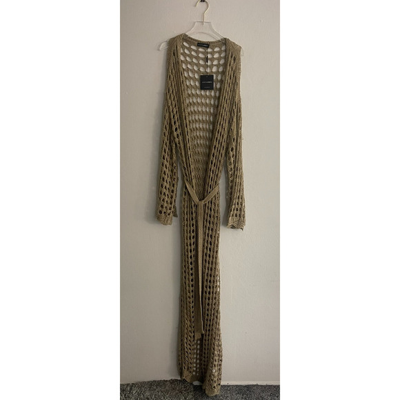 J Lux Label Cardigan Sweater L Khaki Taupe Crochet Knit Belt Long Duster Cover - Picture 2 of 8